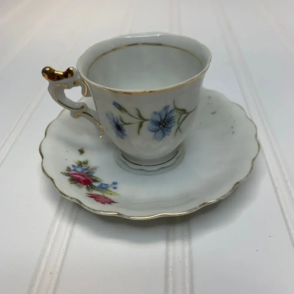 Demitasse Vintage Tea Cup Set Made in Occupied Japan Pink Roses Gold Trimmed
